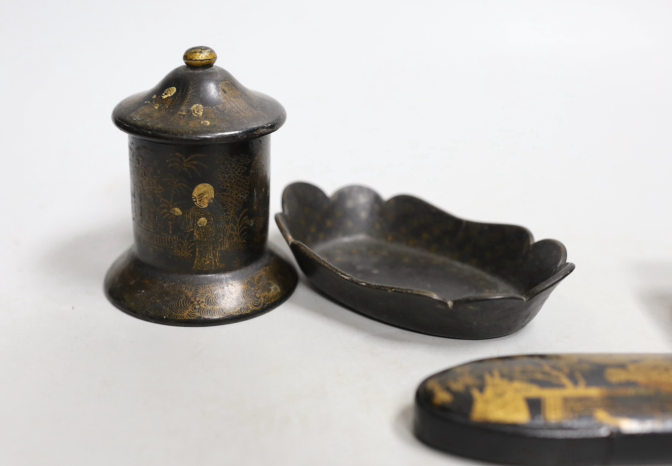 Six items of papier mache, two glasses cases, a cigar case, string box, pin tray and pencil box